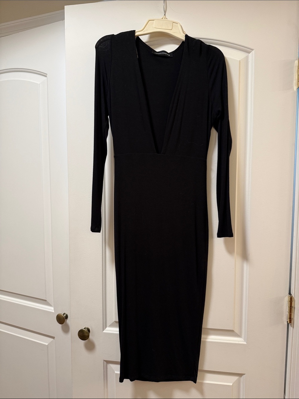 naked wardrobe Black Long Sleeve Deep V Bodycon Midi Dress